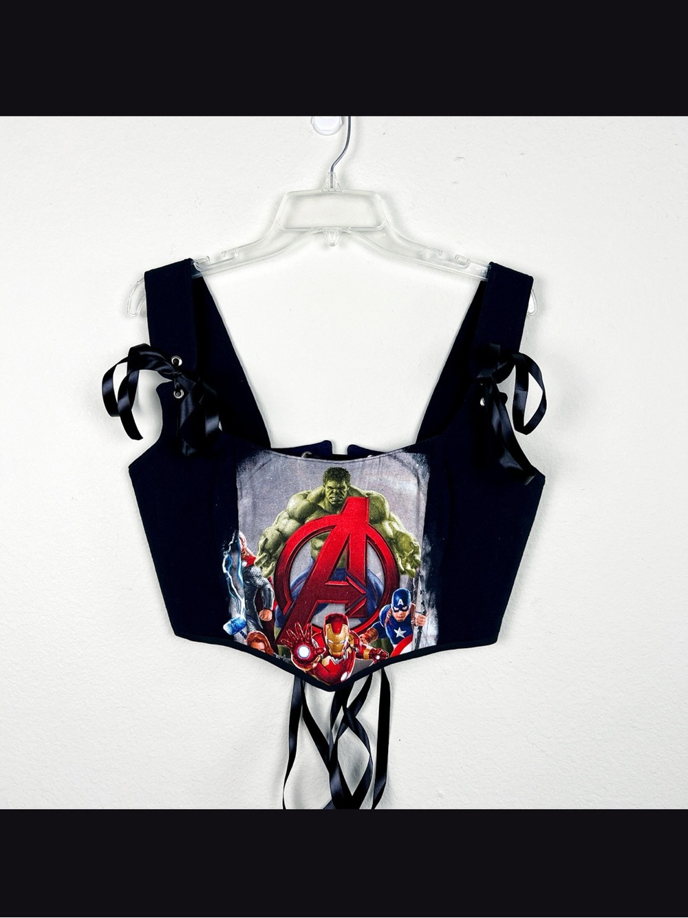 Handmade Black Reworked Graphic Corset Top Ribbon Ties OOAK
